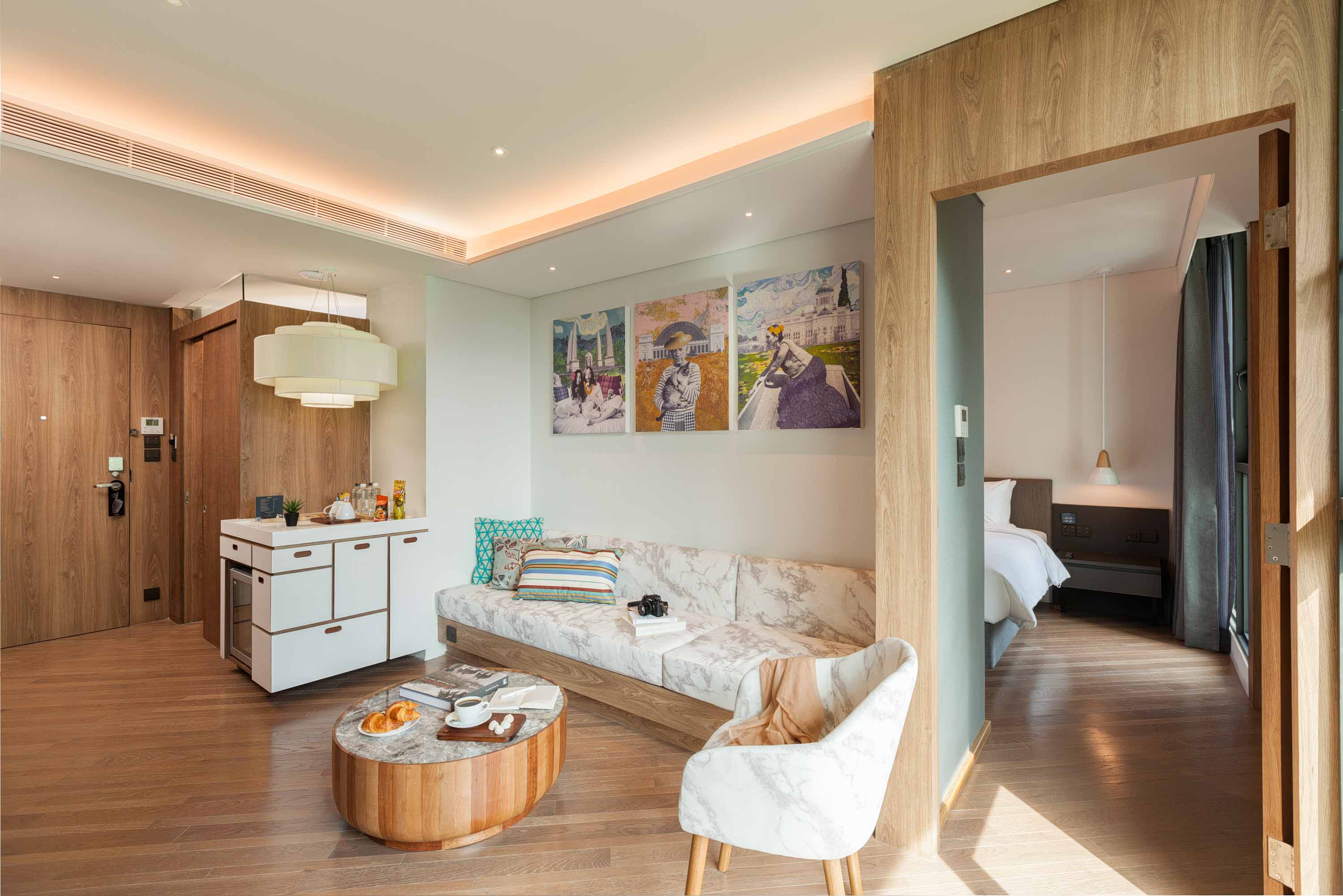 Living room inside the Two Bedroom Suite at Volve Hotel Bangkok
